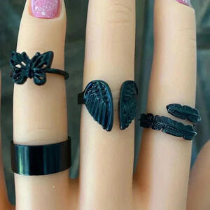 4 Pack Wings Feather Butterfly Black Goth Punk Rock Rings New